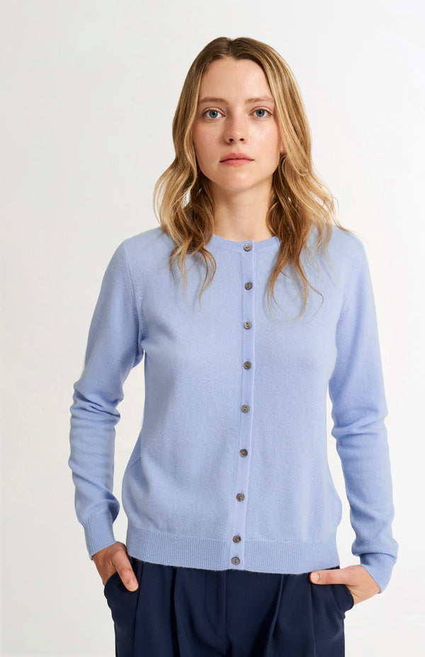 pringle of scotland Womens Classic Round Neck Cashmere Cardigan In Sky Blue