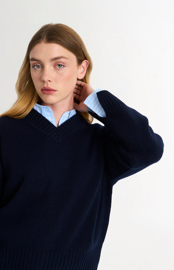 Pringle Of Scotland Womens V Neck Chunky Cashmere Jumper In Navy Melange