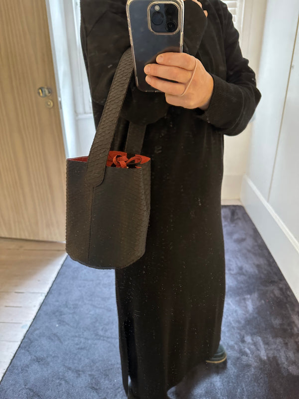 Prism OAHU Mini Bucket Bag | Black Faux Snake Leather With Red Inner