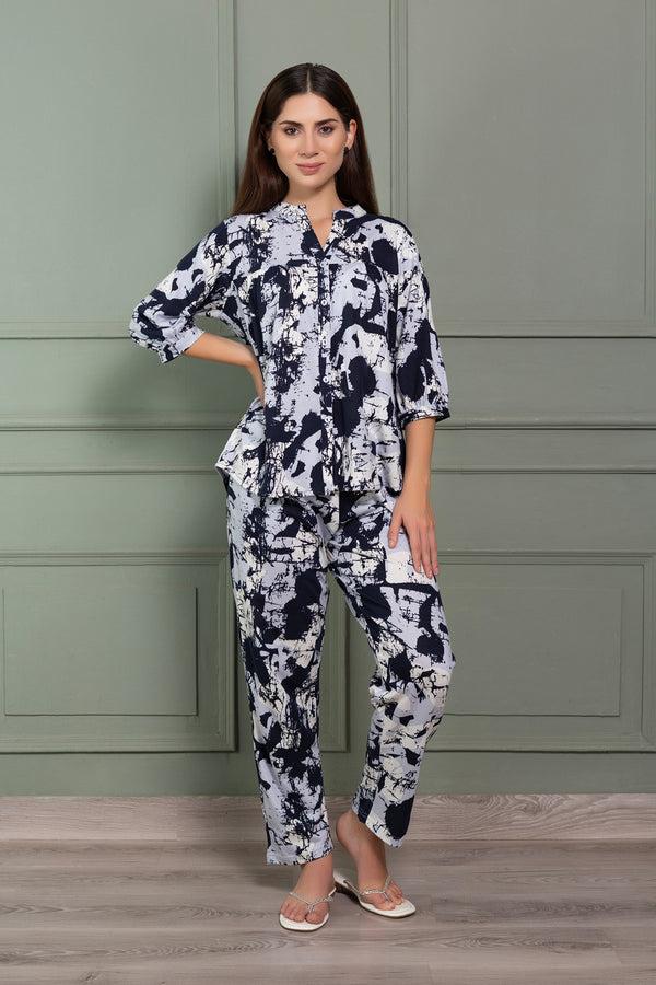 Private Lives Abstract Print Cotton Pj Set With Gathers