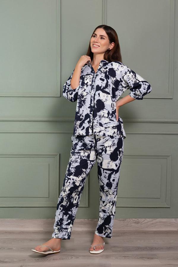 Private Lives Abstract Print Cotton Pj Set With Gathers
