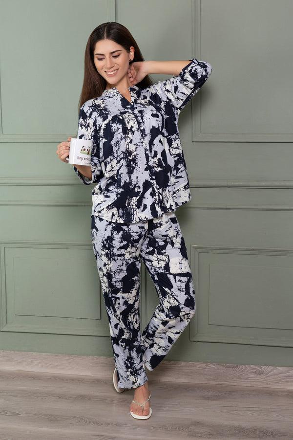 Private Lives Abstract Print Cotton Pj Set With Gathers