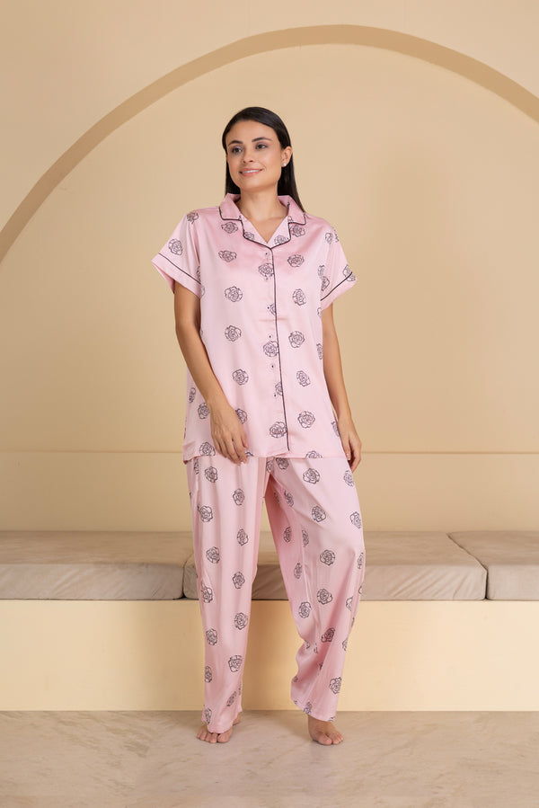 Private Lives Baby Pink Floral Pj Set In Super Soft Satin