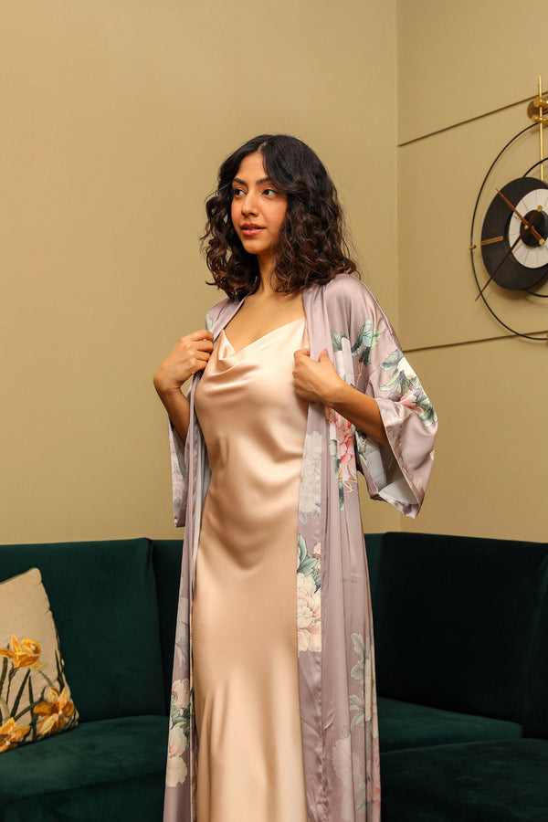 Private Lives Beige Placement Satin Printed Nightgown Set
