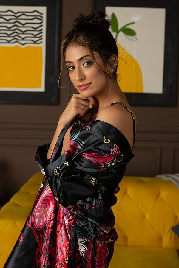 Private Lives Black Festive Print Short Satin Nightgown Set