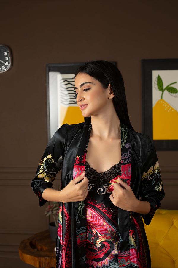 Private Lives Black Satin Dakota Dreams Nightgown Set