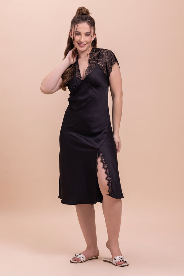 Private Lives Black Satin Night Dress With Lace Detail