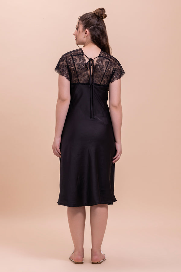 Private Lives Black Satin Night Dress With Lace Detail
