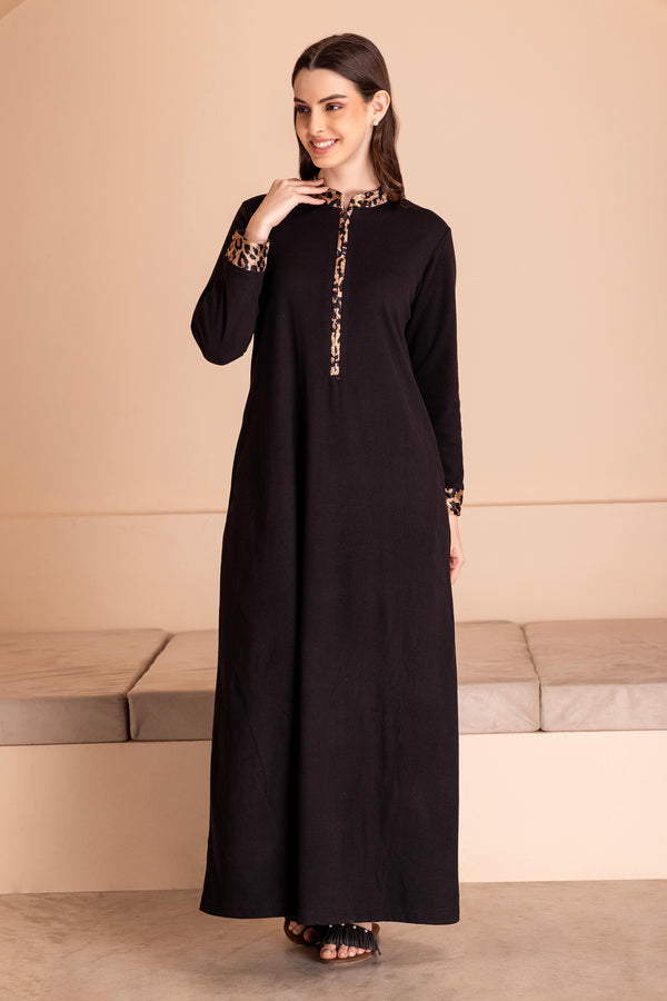 Private Lives Black Woollen Nighty With Leopard Print Trims