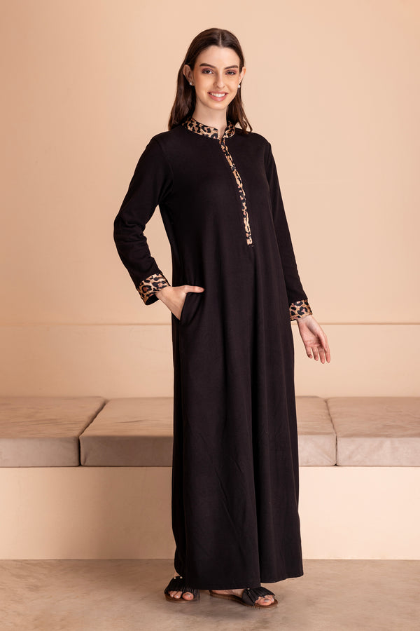 Private Lives Black Woollen Nighty With Leopard Print Trims