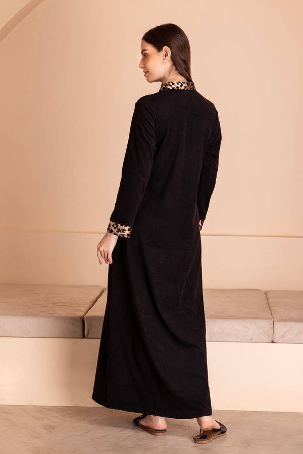 Private Lives Black Woollen Nighty With Leopard Print Trims