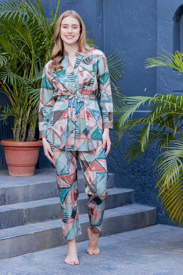 Private Lives Block Printed Co-ord Set In Matt Satin