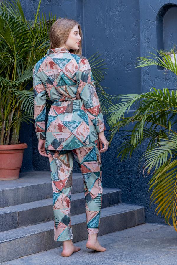 Private Lives Block Printed Co-ord Set In Matt Satin