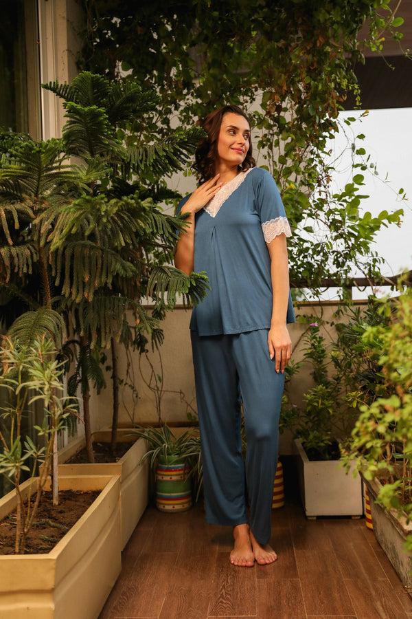 private lives Blue Cotton Hosiery Night Suit With Lace Detail