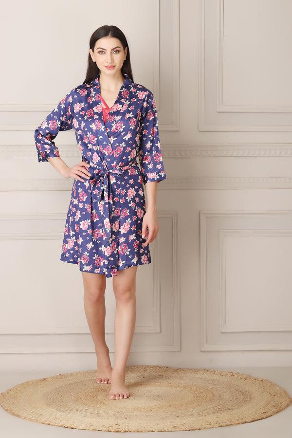 private lives Blue Floral Printed Short Satin Nightgown Set