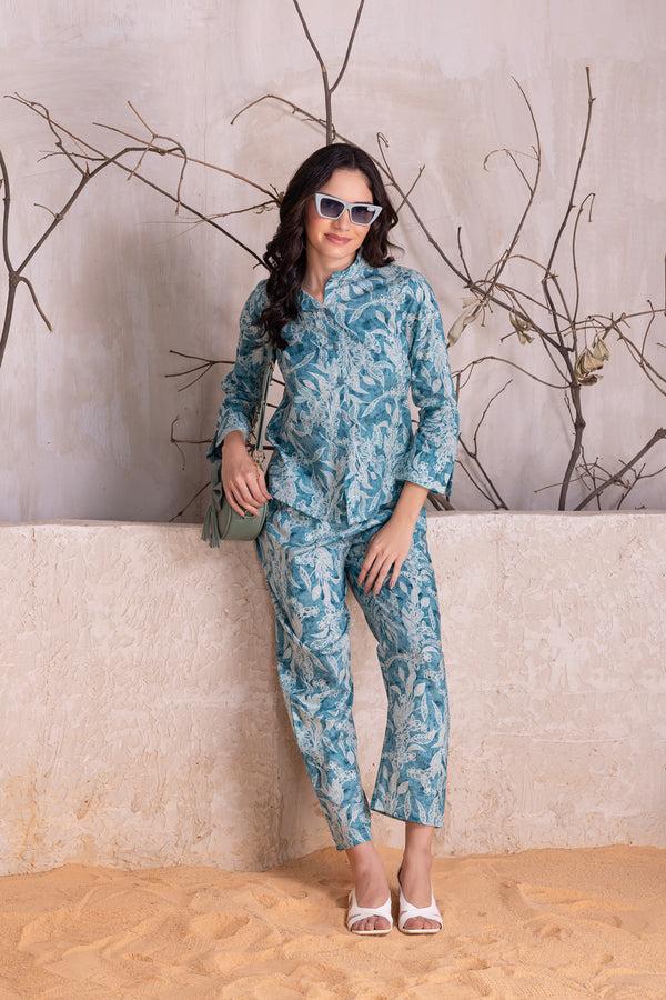 Private Lives Blue Printed Co-ord Set In Pure Cotton