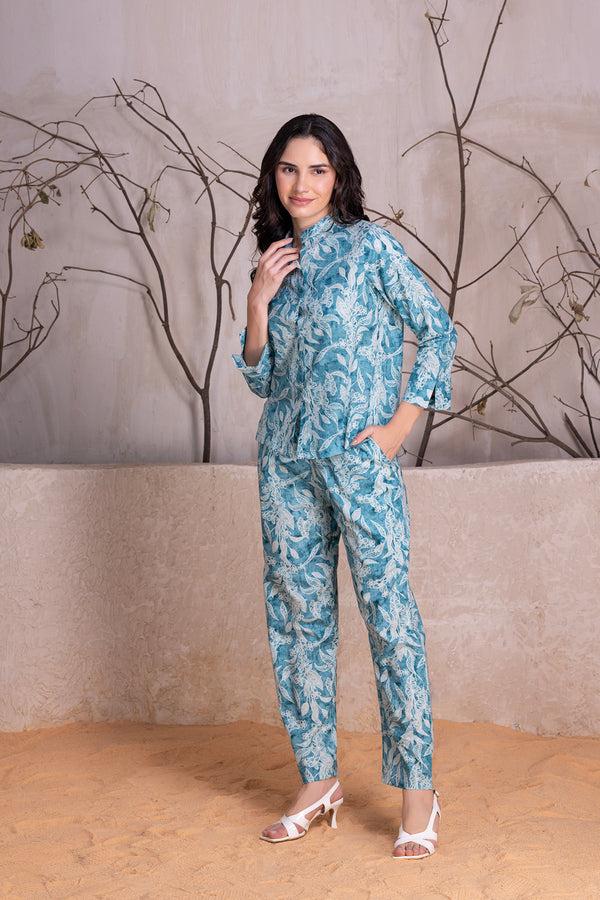 Private Lives Blue Printed Co-ord Set In Pure Cotton