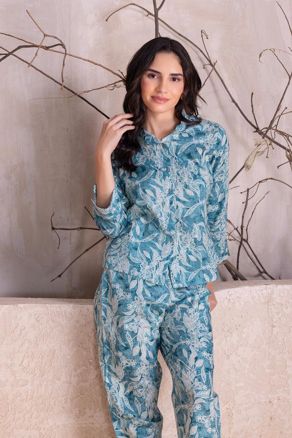 private lives Blue Printed Co-ord Set in Pure Cotton