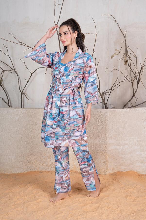 Private Lives Blue Printed Satin Nightuit With Spagetti