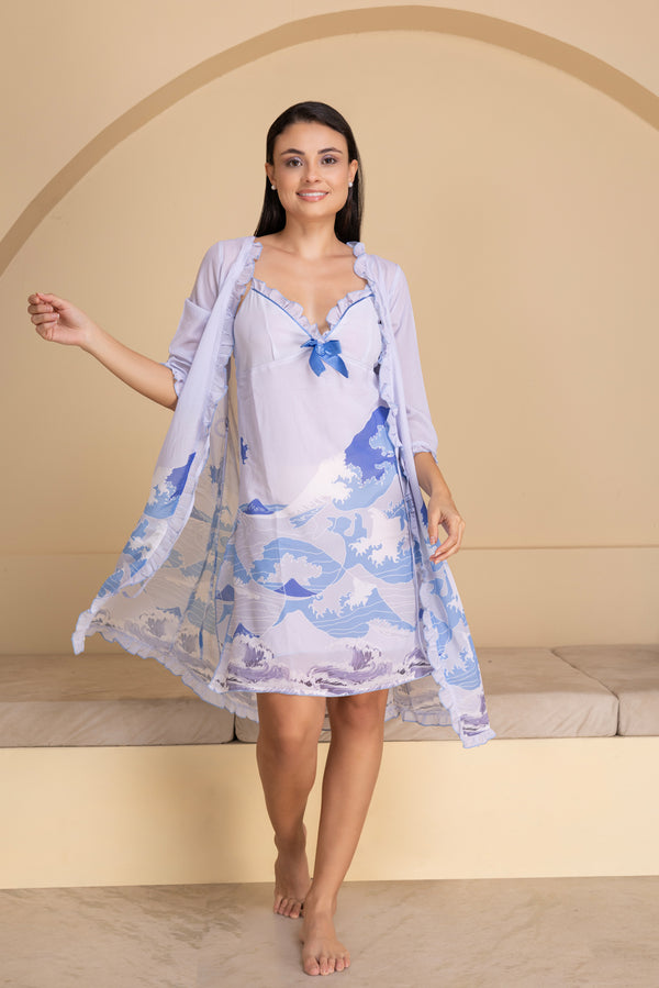 private lives Border Blue Printed Chiffon Nightgown Set