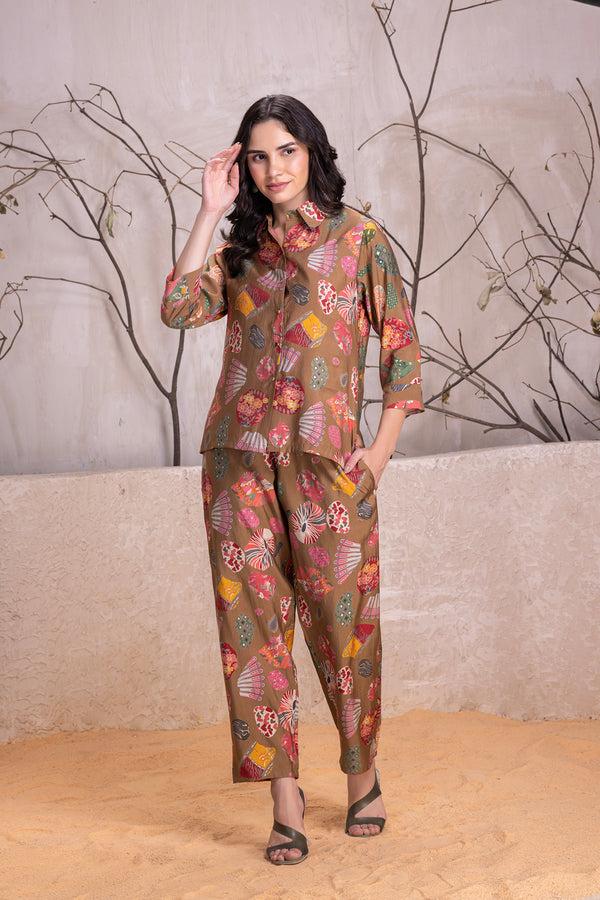 Private Lives Brown Cotton Co-ord Set With Golden Buttons