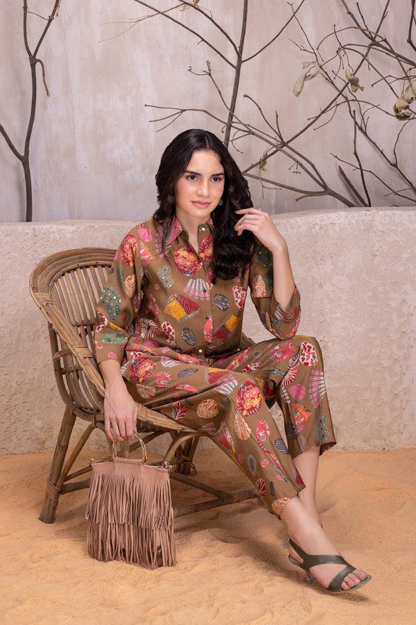 private lives Brown Cotton Co-ord Set With Golden Buttons