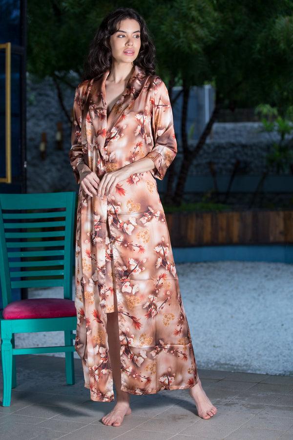 Private Lives Brown Floral Print Satin Nightgown Set