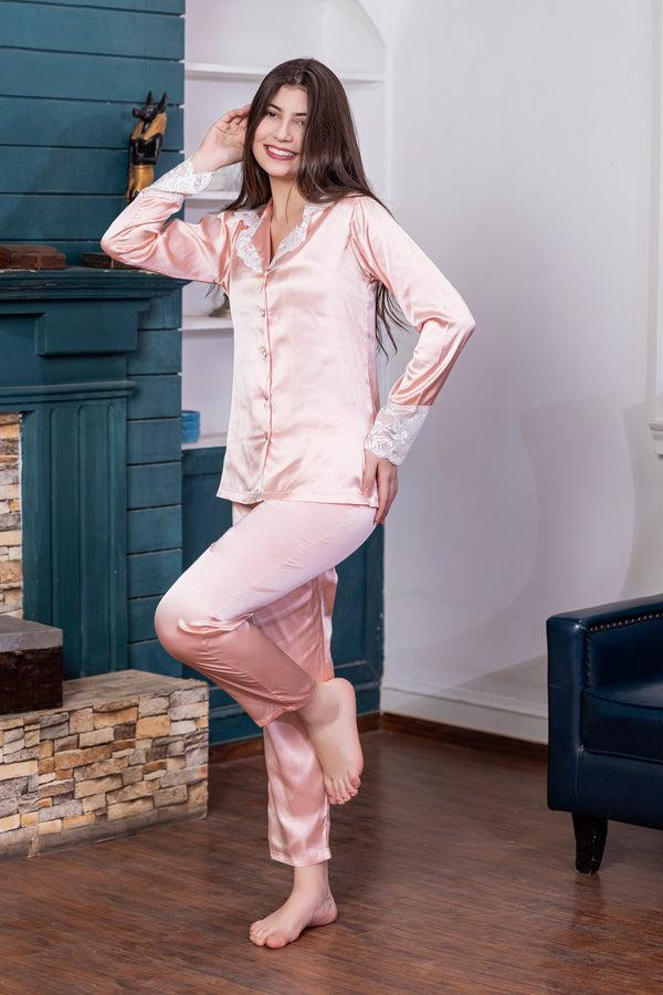 Private Lives Classic Collar Night Suit With Lace Detail