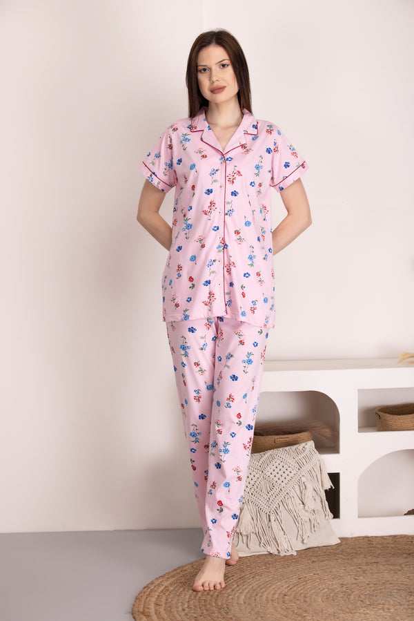 Private Lives Classic Collar Pink Printed Night Suit