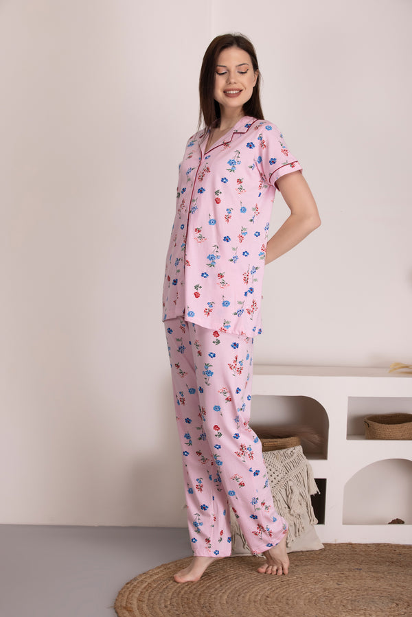 Private Lives Classic Collar Pink Printed Night Suit