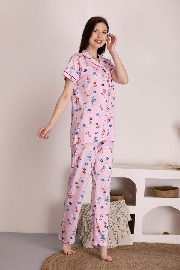 Private Lives Classic Collar Pink Printed Night Suit