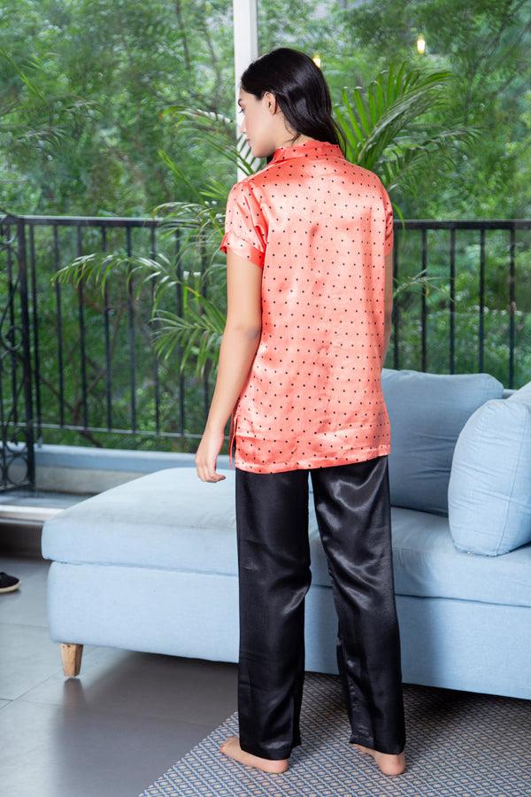 Private Lives Classic Collar Satin Night Suit In Polka Dot