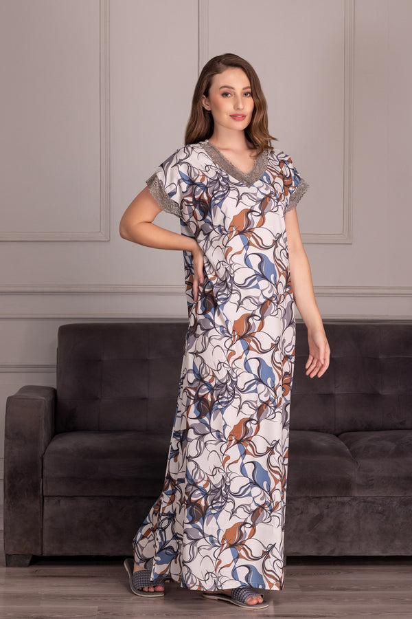 Private Lives Digital Print Satin Night Dress With Lacework