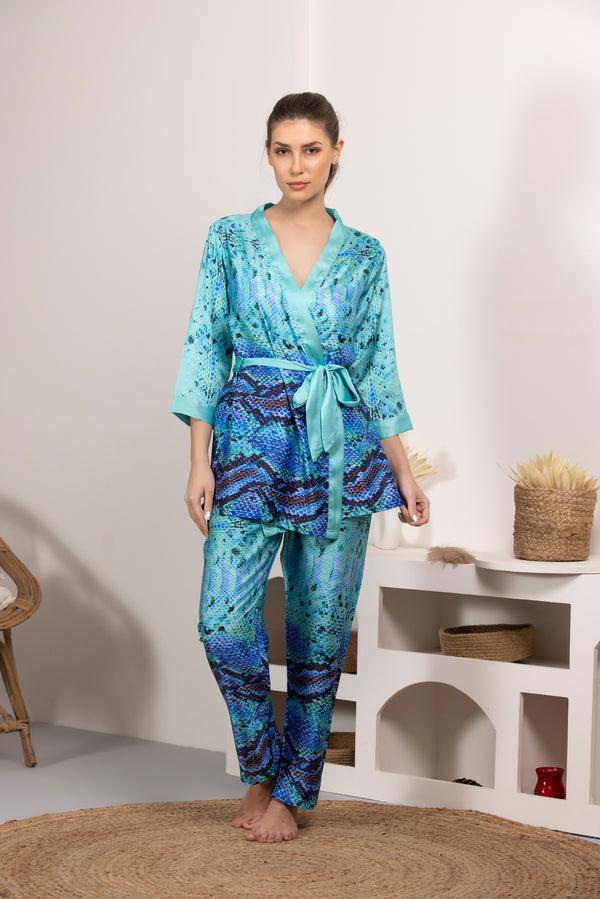 Private Lives Digital Print Satin Night Suit With Robe
