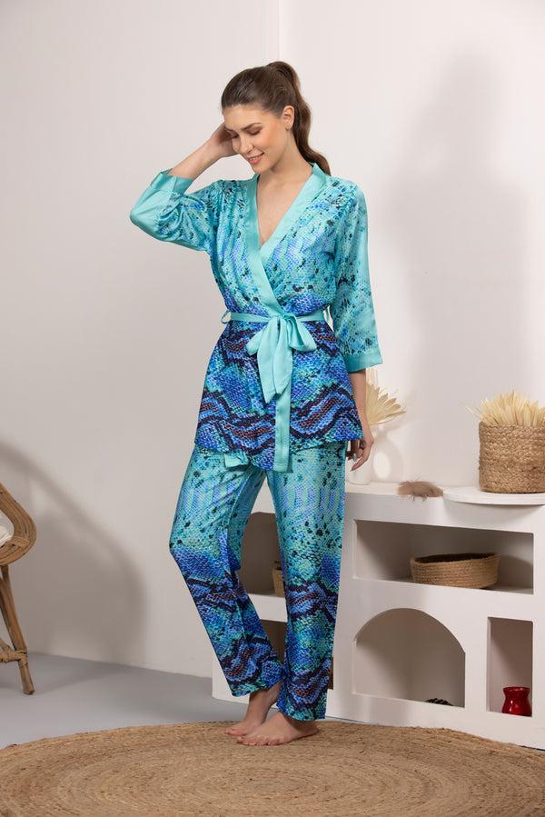 private lives Digital print Satin Night suit with Robe