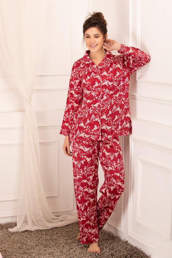 private lives Floral print classic Collar Satin Night suit