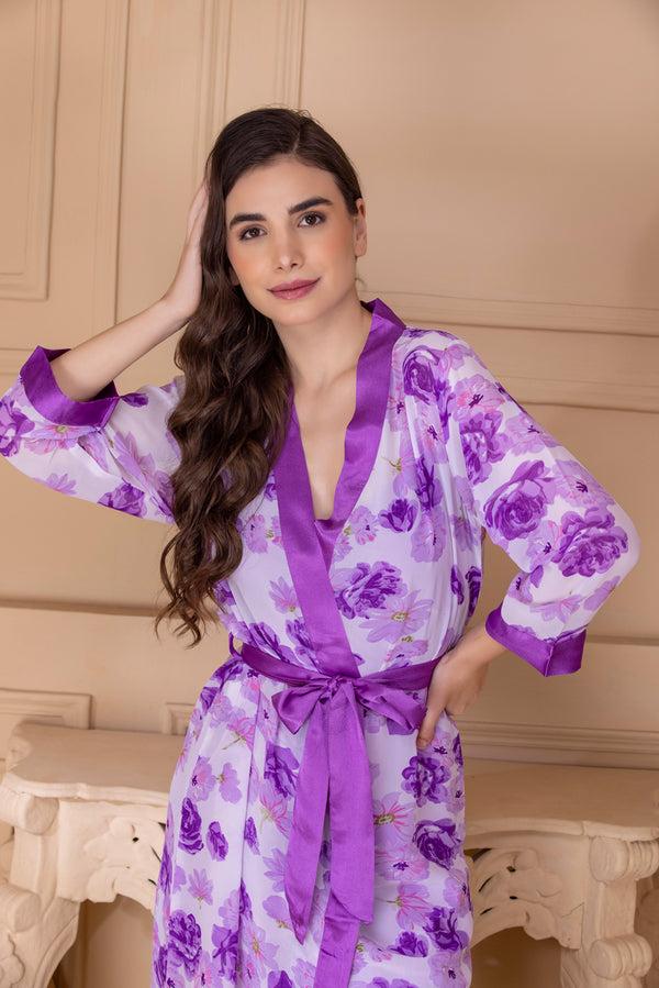 private lives Floral Printed Satin Robe Nightgown Set