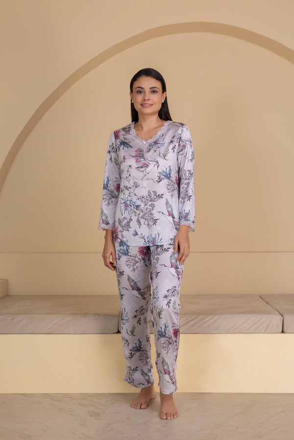 Private Lives Floral Satin Pj Set With Intricate Lace