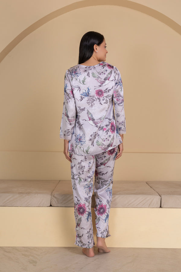 Private Lives Floral Satin Pj Set With Intricate Lace