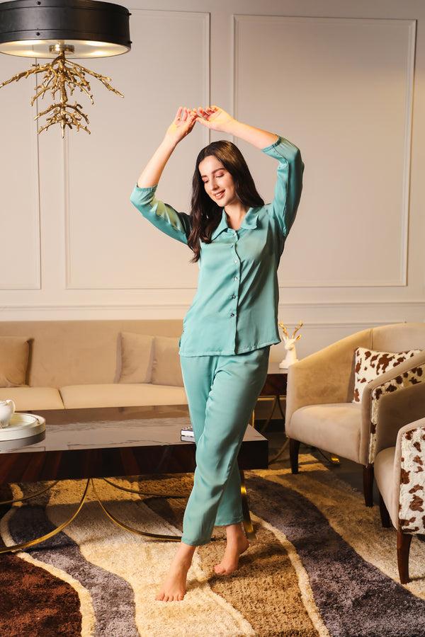 Private Lives Front Button Night Suit In Chamois Satin