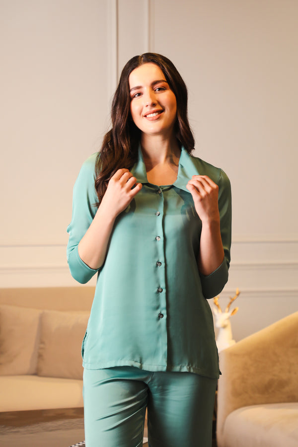 Private Lives Front Button Night Suit In Chamois Satin