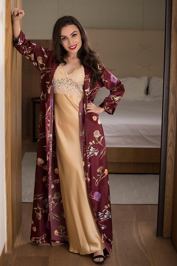Private Lives Golden Long Nighty With Maroon Robe Nightgown Set