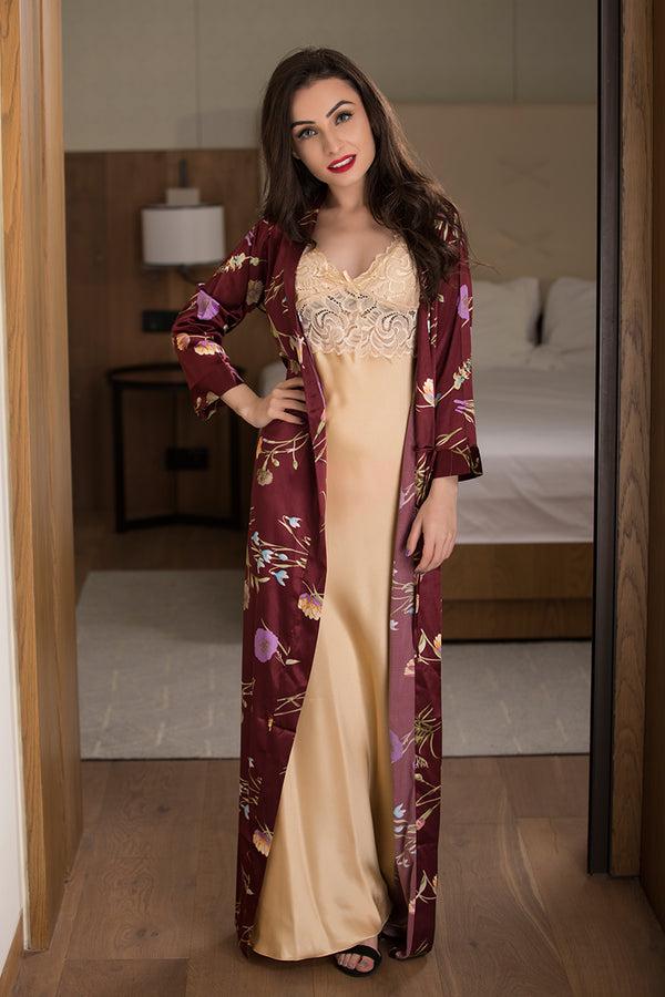 private lives Golden Long Nighty With Maroon Robe Nightgown Set