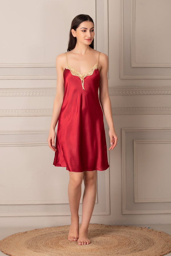 Private Lives Golden & Maroon Satin Short Nightgown Set