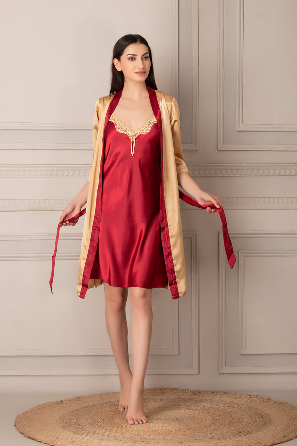 private lives Golden & Maroon Satin Short Nightgown Set