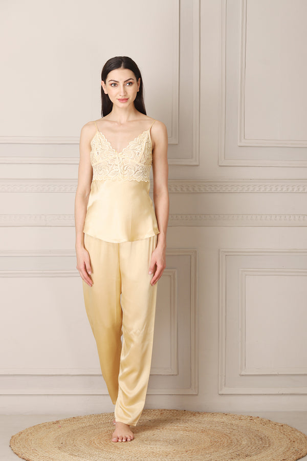 Private Lives Golden Satin Night Suit With Printed Robe