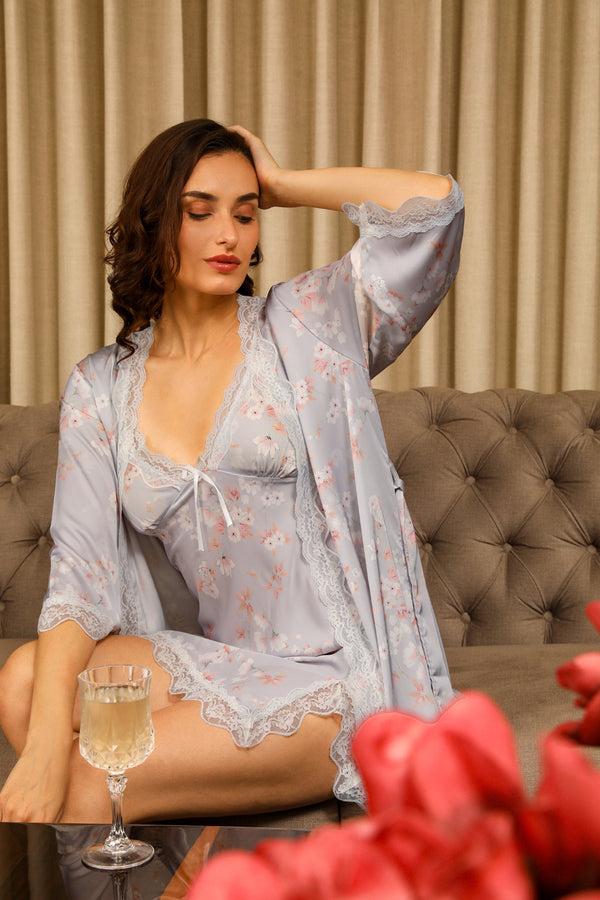 private lives Grey Floral Plush Satin Short Nightgown Set