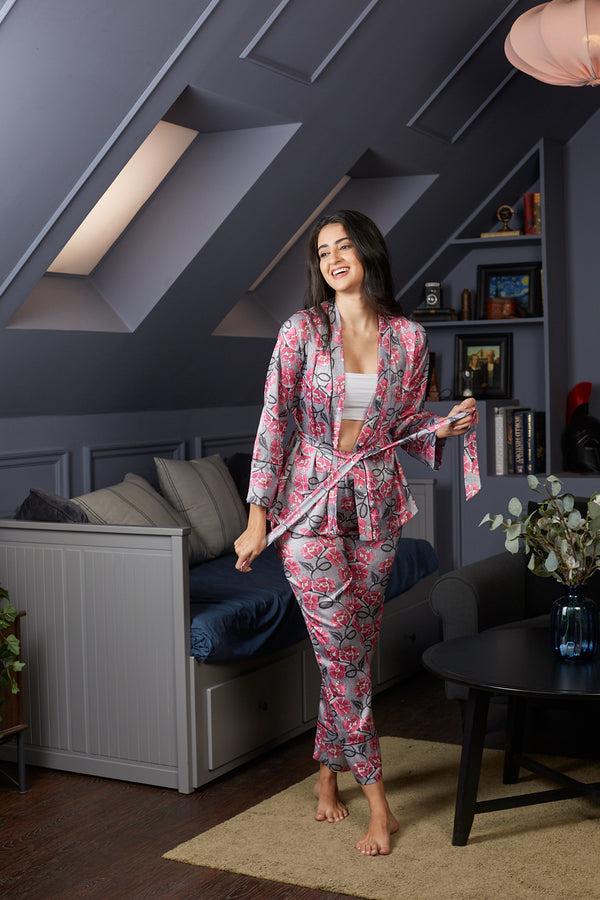 Private Lives Grey Floral Satin Co-ord Set With Robe
