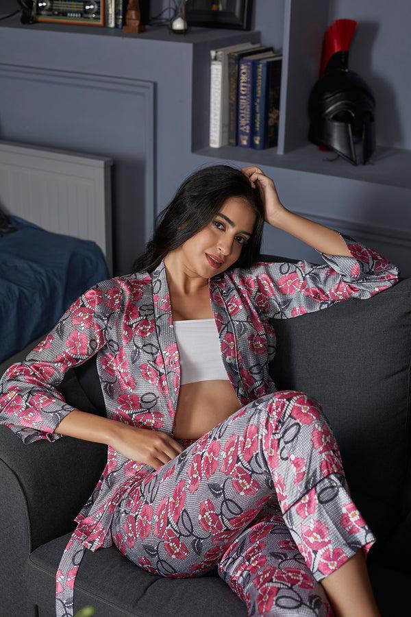 private lives Grey Floral Satin Co-ord Set With Robe