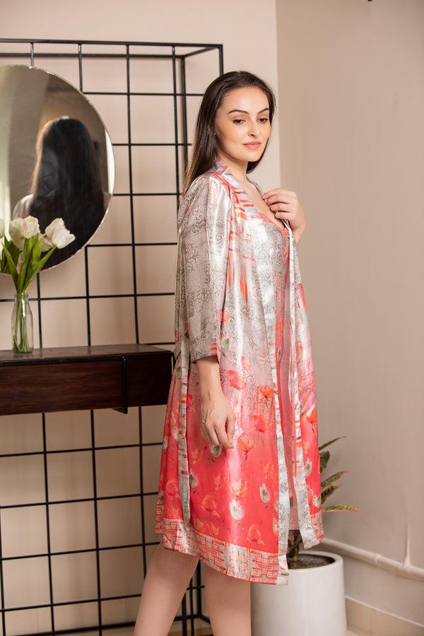 Private Lives Grey & Pink Printed Short Nightgown Set